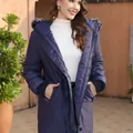 Stylish women's mid-length hooded warm winter parka coat in navy blue with fur trim - XL / Tops / Blue