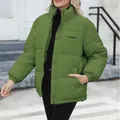Warm grass green plus size women's winter padded jacket with zipper and stand collar - S / Tops / Green