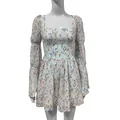 Front view of a French vintage floral dress with square neck and long puff sleeves. - S / Top And Bottom / White
