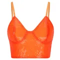 Detailed shot of an orange sequined crop top with spaghetti straps on white background. - XS / Tops / Orange