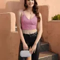 Stylish pink sequin crop top with sparkling crystal fringe and thin spaghetti straps for women - XS / Tops / Pink