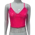 Débardeur court rose vif à paillettes avec ourlet à franges de cristal pour les soirées - Rose rouge