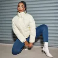 Stylish cream white PU leather cropped puffer jacket for women with high stand collar - S / Tops / White