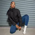Stylish women's black short puffer jacket with high stand collar for cozy winter warmth - S / Tops / Black
