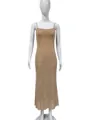 Full-length detail of a beige sparkling rhinestone spaghetti strap evening gown on a mannequin - S / Top And Bottom / Khaki