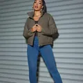 Olive green cropped puffer jacket for women with stand collar and zipper closure - S / Tops / Army Green