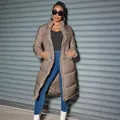 Stylish khaki long quilted puffer coat with zipper closure and stand collar for winter - M / Tops / Coffee