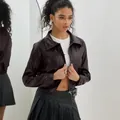 Veste courte chic en cuir PU marron foncé pour femme avec fermeture éclair rétro - S / Hauts / Marron
