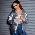 Fashionable glossy silver metallic hooded puffer jacket for winter streetwear look - M / Tops / Silver