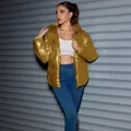 Shiny mustard yellow puffer jacket for women in a trendy winter streetwear style - M / Tops / Gold