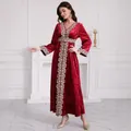 Elegant wine red velvet maxi dress featuring a V-neck and gold ethnic embroidery details - S / Top And Bottom / Red