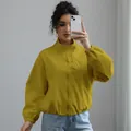 Mustard yellow women's short stand-up collar waterproof windbreaker jacket for autumn - S / Tops / Turmeric