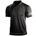 Black tactical polo shirt for men featuring a white US flag print on the sleeve detail. - Black