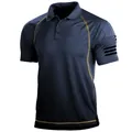 Detail view of navy tactical polo shirt with sleeve flag print and contrast piping - Blue