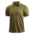 Detailed view of men's olive green tactical polo shirt with star pattern and contrast stitching - S / Tops / Khaki