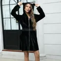 Black velvet long-sleeved hooded slim-fit dress featuring cute cat ears design details - L / Tops / Black