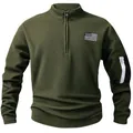 Close-up of olive green half-zip fleece sweatshirt with American flag patch detail - S / Tops / Army Green
