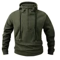Detail view of men's olive green polar fleece half-zip hoodie with textured fabric - S / Tops / Army Green