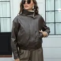 Vintage dark brown PU leather motorcycle jacket with warm white faux shearling lining - S / Top (Zipper Style) / Dark Brown