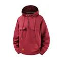 Detailed front view of burgundy men's half-zip hooded sweatshirt with multi-pockets - Burgundy
