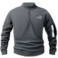 Detail view of a men's gray half-zip fleece sweatshirt with American flag patch - S / Tops / Gray
