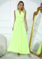 Robe longue rétro française vert néon avec ceinture à nouer multi-positions. - Jaune Néon