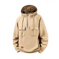 Close-up detail of men's retro khaki hoodie featuring half-zip and multi-pocket design - Khaki