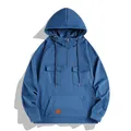 Vista detallada frontal de sudadera azul vintage pesada con media cremallera y bolsillos - Azul marino