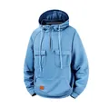 Front view detail of men's blue hooded sweatshirt featuring half-zip and pockets - Dark Blue