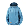 Detailed view of blue men's hoodie with half-zip and multiple utility pockets - Sky Blue