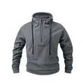 Detailed view of a grey men's polar fleece hoodie with half-zip and stand collar design - S / Tops / Gray