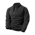 Macro view of men's solid color half-zip fleece sweatshirt showing warm fabric texture - S / Tops / Black