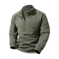 Detailed macro view of men's olive green half-zip fleece pullover with soft texture - S / Tops / Army Green