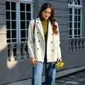 Blazer en velours côtelé blanc crème à double boutonnage style chic décontracté - S / Hauts / Blanc