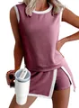 Close-up showing the ribbed fabric texture and white trim of pink sleeveless top - S / Top And Bottom / Fuschia