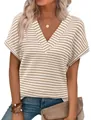 Detail of V-neck short sleeve t-shirt with khaki striped pineapple grid texture - S / Tops / Apricot White
