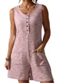 Macro view of women's waffle knit texture on a sleeveless summer romper with button detail - S / Top And Bottom / Pink