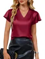 Detailed view of women's burgundy V-neck satin blouse featuring pleated flutter sleeves - S / Tops / Burgundy