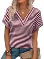 Close-up of women's V-neck striped knit t-shirt with textured pineapple grid pattern - S / Tops / Wine Red White