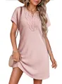 Detail view of a pink waffle-knit dress with delicate floral lace trim at the V-neckline - S / Tops / Pink