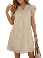 Close-up of beige V-neck floral dress with double ruffle sleeves and smocked detail. - S / Top And Bottom / Light Blue