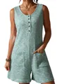 Close-up detail of a green and blue waffle knit sleeveless romper with front buttons. - S / Top And Bottom / Green