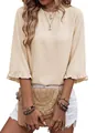 Detailed macro view of the ruffle collar and half sleeves on this elegant beige summer blouse - S / Tops / Apricot