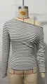 Detailed front view of a black and white striped one-shoulder long sleeve T-shirt for women. - S / Tops / Black & White Stripes