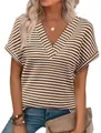Detailed view of casual women's V-neck striped top featuring a textured pineapple grid - S / Tops / Coffee White