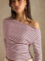 Detail of striped off-the-shoulder long sleeve top with ribbed texture and slim fit - S / Tops / Burgundy