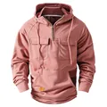 Sudadera con capucha rosa vintage pesada con media cremallera para hombre y bolsillos - Rosa
