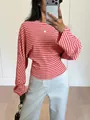 Stylish red and pink horizontal striped batwing sleeve T-shirt shown in a mirror selfie detail - S / Tops / Pink Stripe