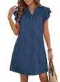 Detailed view of the blue floral texture and ruffle sleeves on a V-neck mini dress - S / Top And Bottom / Blue