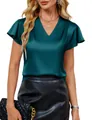 Elegant dark green satin V-neck blouse with flutter sleeves and pleated detail - S / Tops / Teal